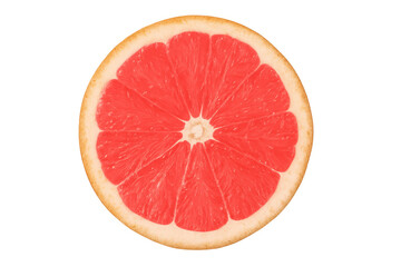 Close-up of a ripe grapefruit slice revealing its juicy texture, vibrant color, and segments, isolated on a transparent background