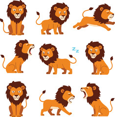 Cartoon Lion Character Set – Nine Dynamic Poses & Expressions EPS 10

