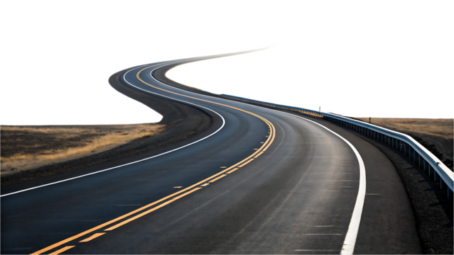Winding asphalt highway with yellow lane markers and guardrail road curve