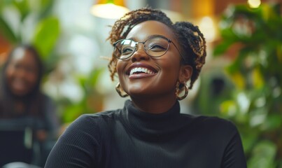 Happy candid disabled Black woman in a wheelchair laughing with a team of colleagues. Smiling female with disability socializing with friends. Diversity, equality, and inclusion, Generative AI