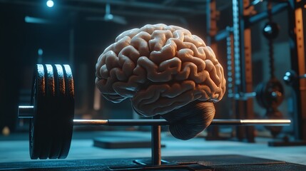 Brain training and mental fitness concept brain lifting weights in gym for cognitive health and power silhouette