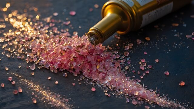A golden bottle spilling a cascade of shimmering pink crystals onto a dark, textured surface.