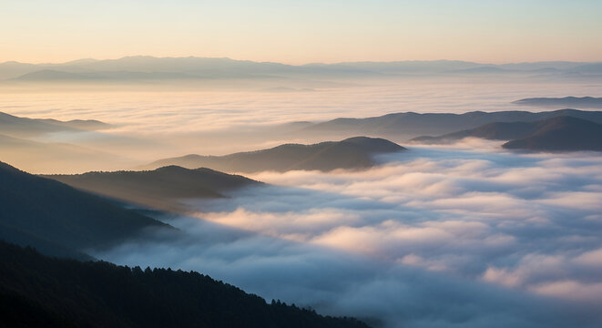 A scenic view of mountain ranges partially obscured by a thick blanket of fog under a soft, early morning light.