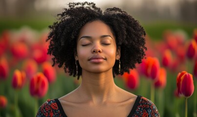 Young mixed-race Black woman meditating in a field of red tulips. Happy candid African American female breathing fresh air with spring flowers in the background. Copy space, Generative AI