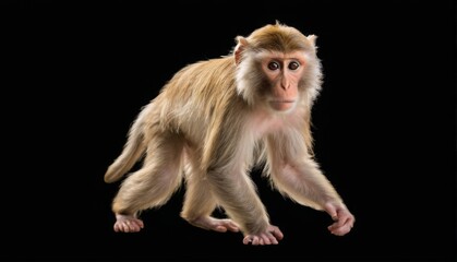 Monkey in Motion: Digital Illustration of a Tilted Head Primate Walking, Facing Camera on Black Background