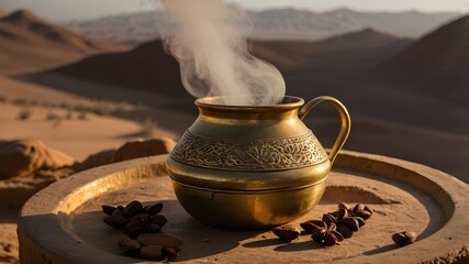 An ornate brass mug emitting steam, surrounded by star anise pods, set against a desert landscape at sunset.