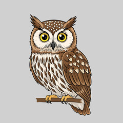 Obraz premium Brown and White Owl Perched on Branch with Bright Yellow Eyes