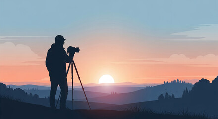 Silhouette of a photographer on a hill capturing the scenic sunrise over the mountains