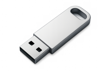 Silver usb flash drive close-up, portable storage device sitting on transparent background, prepared for design mockup