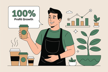 Smiling barista holding coffee cup demonstrating 100 percent profit growth success