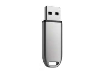 Silver metallic usb flash drive isolated on transparent background, representing portable data storage and transfer