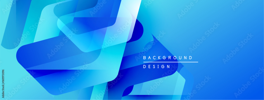 Poster abstract blue shapes overlap, creating dynamic visual effect. gradient colors suggest depth, modern 