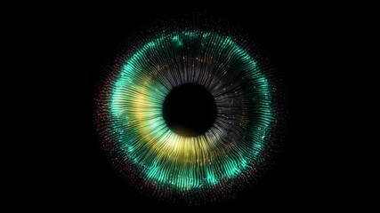 Digital abstract glowing ring resembling high tech eye or portal with radiating light beams and vibrant color patterns on black background, future technology, data, vision, AI and science innovation - Powered by Adobe