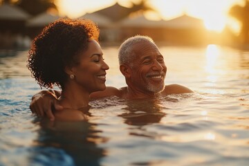 Happy elderly Black couple swimming in the pool on summer vacation. Candid senior African American husband and wife relaxing in the hotel swimming pool on holiday, golden hour, Generative AI