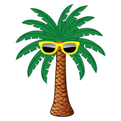 Cartoon palm tree, bright green fronds, brown trunk, yellow sunglasses, centered, vibrant colors, cheerful mood, flat perspective, isolated on white background.
