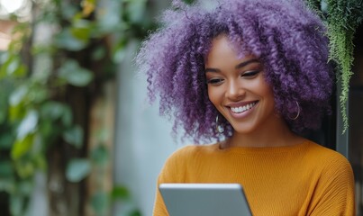 Happy mixed-race Black woman with purple curly hair smiling at a smart tablet device. Young African American woman staying connected with friends on social media with wifi, Generative AI