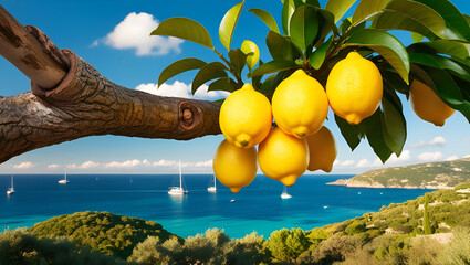 Ripe lemons hanging from a lush green tree with a coastal Mediterranean view beyond