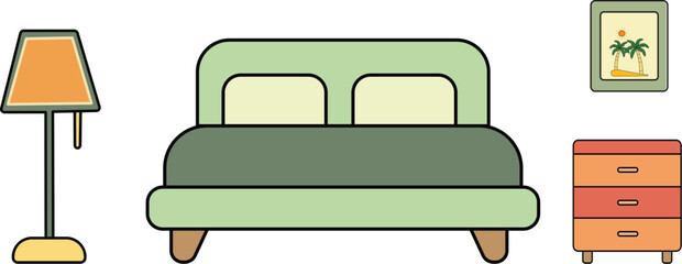 Minimalist Bedroom Interior Set Flat Line Art Vector Illustration