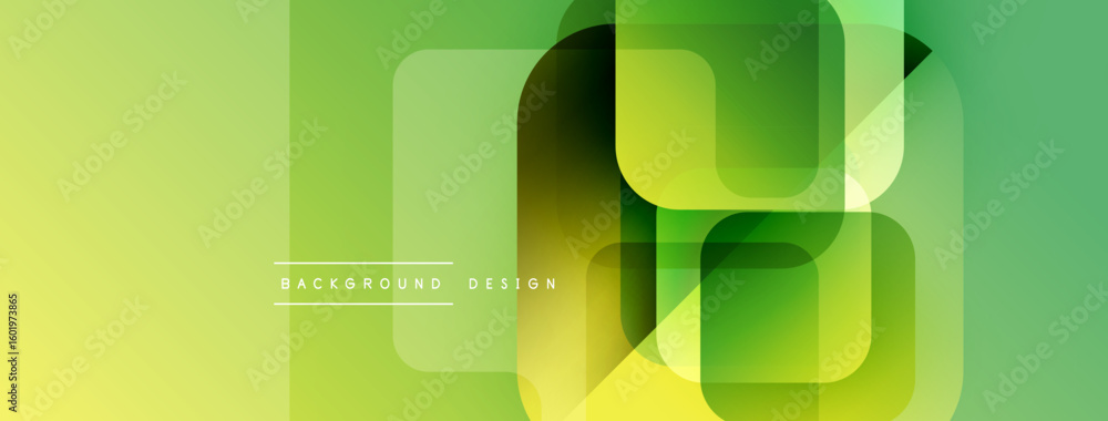 Poster abstract geometric shapes overlap creating vibrant green gradient background. modern design elements