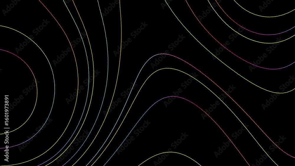 Poster abstract lines and shapes create a vibrant, colorful design on a dark background
