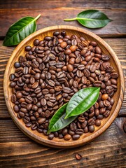 Fototapeta premium Freshly roasted coffee beans and tea leaves side by side on a wooden plate