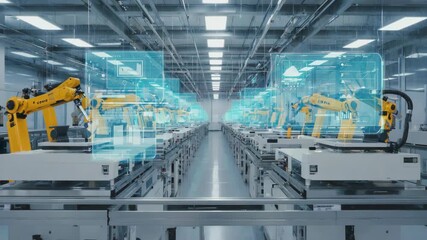 Advanced robotic manufacturing facility equipped, synchronized automation systems, intelligent robotic arms, dynamic blue holographic interfaces operating along a high-speed precision production line - Powered by Adobe