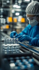 Pharmacist scientist with sanitary gloves examining medical vials on the production line conveyor belt in a pharmaceutical healthcare factory manufacturing prescription medication, Generative AI