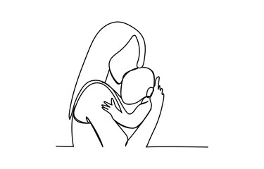 Motherhood concept. Woman hold her baby. Continuous line art hand drawing