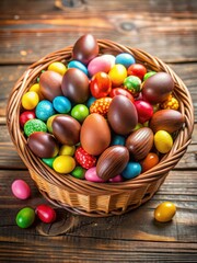 Fototapeta premium Easter eggs in a basket filled with colorful candy and chocolates