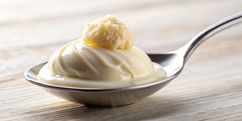 A spoon dipping into a creamy white sweet treat