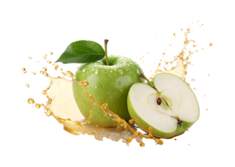 Fresh green apple with splashing juice and water droplets liquid