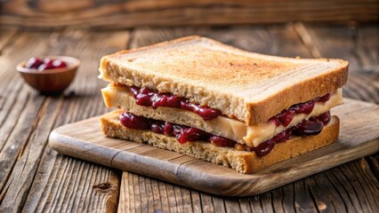 Crunchy peanut butter and smooth jelly sandwich layers on a wooden table