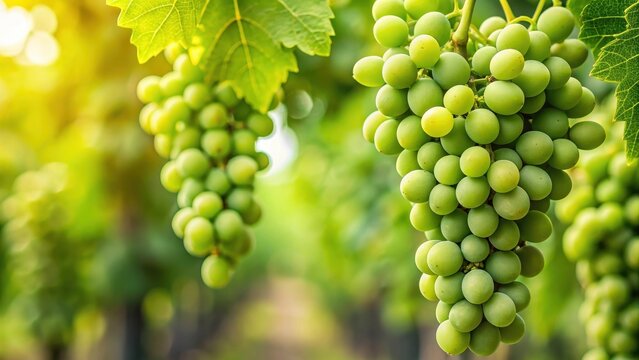 Close-up view of unripe green grapes on a vine stem with intricate details