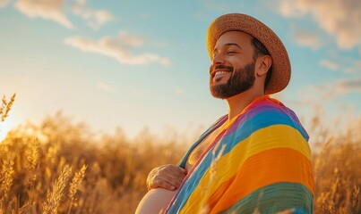 Happy pregnant transgender man wearing a pride rainbow flag. Trans man cradling baby bump outdoors in a field. Mother Nature. Diversity, equality, and inclusion in parenthood, Generative AI
