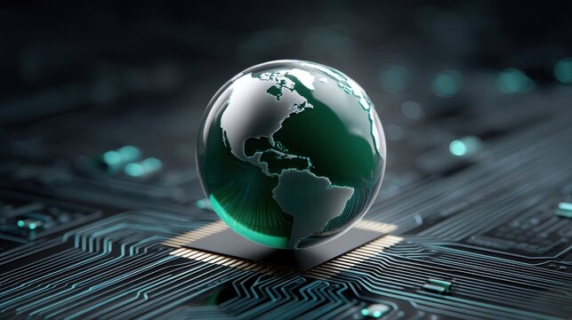 E waste management. Digital globe on circuit board, symbolizing technology and global connectivity.