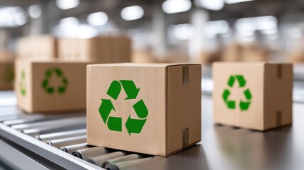E waste management. Recyclable boxes on a conveyor belt in a warehouse setting promoting sustainability.