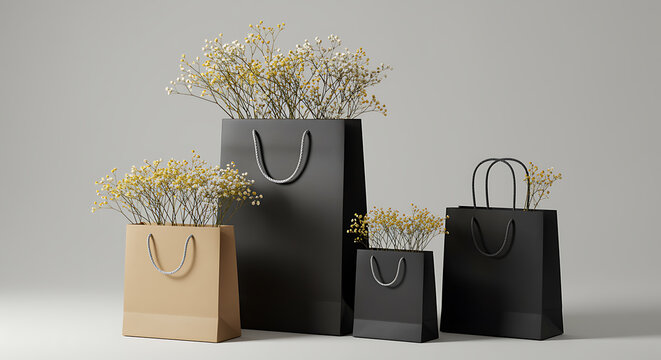 Black and tan paper bags with delicate yellow and white flowers shopping bags floral - Powered by Adobe
