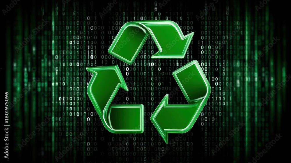 Poster e waste management. recycling symbol over digital binary background representing sustainability and 