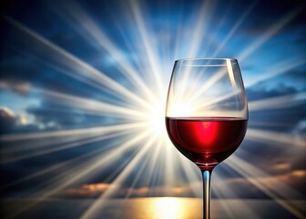 Close-up of wine glass with sun rays shining through the red liquid
