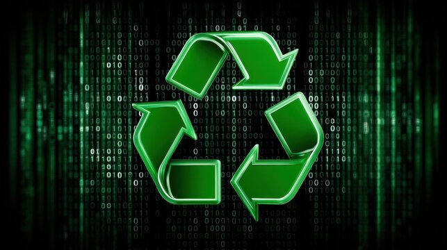 E waste management. Recycling symbol over digital binary background representing sustainability and technology.
