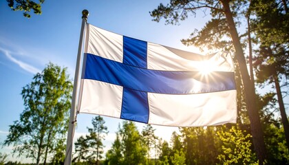 Finnish flag waving in sunshine