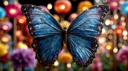 butterfly fluttering over a dreamlike valley filled with floating lanterns