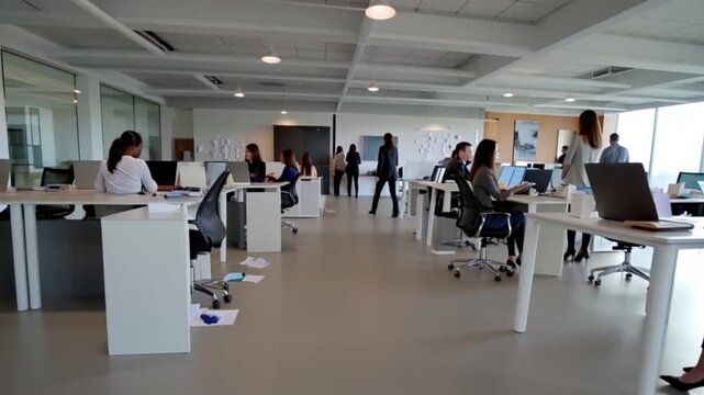 Cinematic footage of a modern office space with open layout, natural lighting, minimalist furniture, glass walls, and collaborative work areas