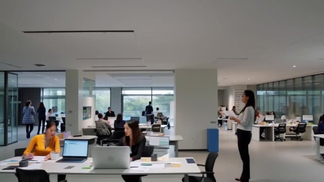 Cinematic footage of a modern office space with open layout, natural lighting, minimalist furniture, glass walls, and collaborative work areas