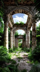 Obraz premium Ancient Ruins Overgrown by Lush Tropical Vegetation.