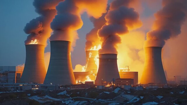 Massive fiery explosion and thick black smoke rise from nuclear power plant towers, symbolizing disaster, catastrophe, radiation, climate crisis, and industrial energy failure in dramatic photography.