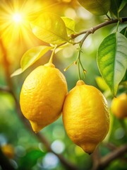 Two ripe lemons on a branch with green leaves