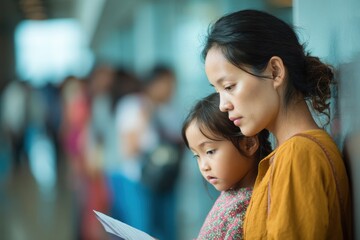 Immigration Child: Young Mother and Daughter at Visa Services Office, Waiting in Line