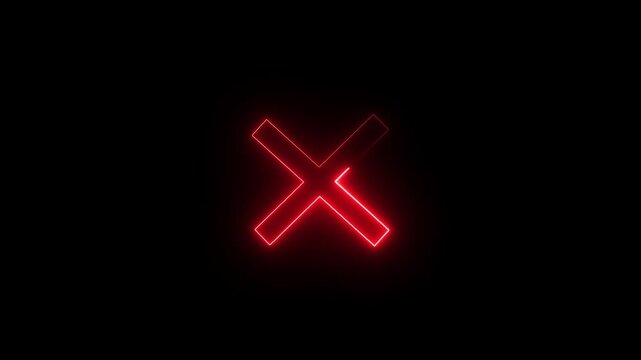 Glowing reject modern sign icon neon animation isolated on black background Neon Cross icon animated. cross mark motion graphics. Animated danger warning, incorrect. Wrong Check Marks footage.
