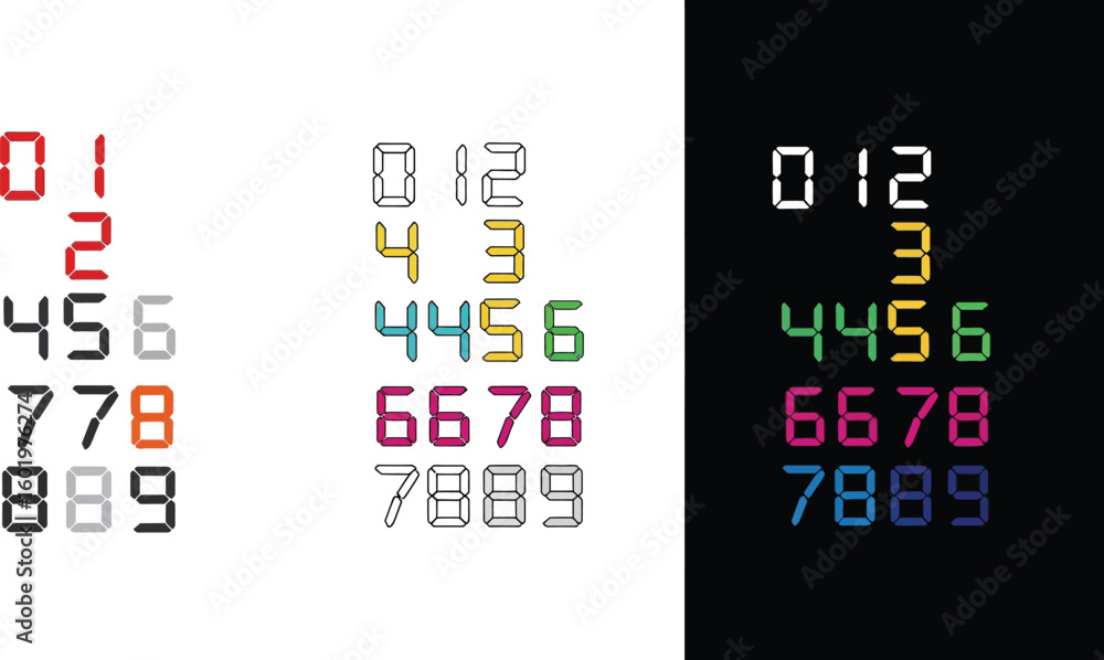 Poster digital display numbers vector set for led and lcd screens design elements and colorful variations